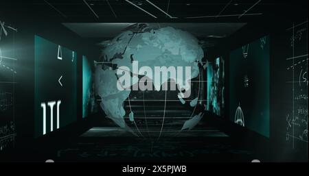 Immagine del globo su equazioni matematiche e simboli su sfondo nero Foto Stock