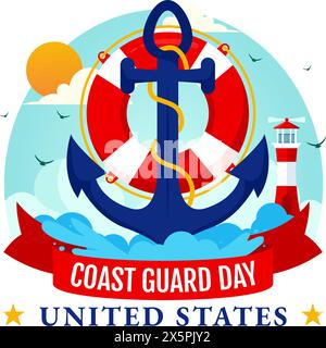 Illustrazione vettoriale del giorno della Guardia Costiera degli Stati Uniti il 4 agosto con American Waving Flag e nave in National Holiday Flat Cartoon background Illustrazione Vettoriale