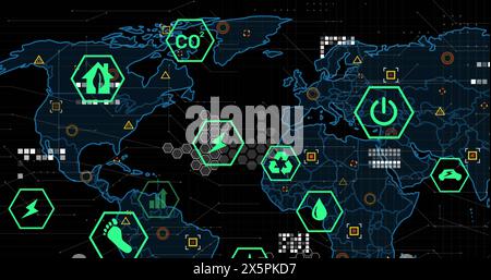 Immagine di più icone digitali sulla mappa mondiale e elaborazione dei dati su sfondo nero Foto Stock