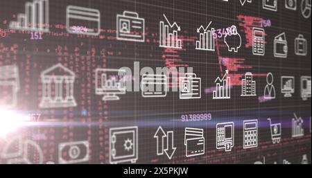 Immagine di più numeri e icone digitali che cambiano rispetto all'elaborazione dei dati e allo spot luminoso Foto Stock