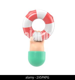 Concetto di aiuto. Lifebuoy tenuta in mano.illustrazione 3d design piatto. Supporto di beneficenza. Simbolo della speranza. Uomo d'affari con un salvagente in acqua. Date aiuto Foto Stock