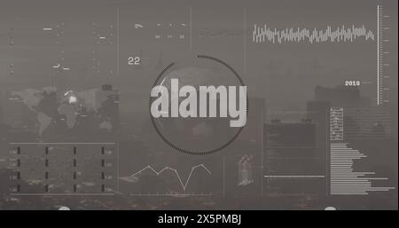 Immagine dell'interfaccia con l'elaborazione dei dati sul globo rotante contro la vista aerea del paesaggio urbano Foto Stock