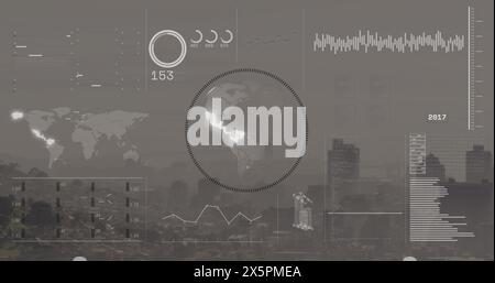 Immagine dell'interfaccia con l'elaborazione dei dati sul globo rotante contro la vista aerea del paesaggio urbano Foto Stock