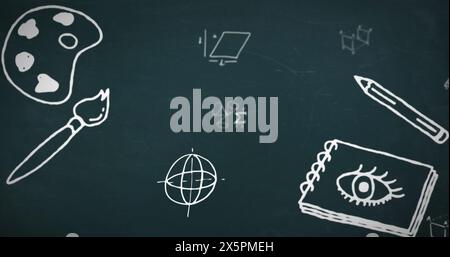 Immagine delle icone di concetto scolastico e dei simboli matematici che fluttuano su sfondo grigio Foto Stock