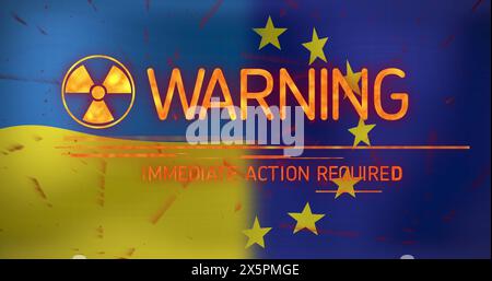 Immagine del banner di avvertenza con simbolo radioattivo sullo sfondo della bandiera ucraina e ue Foto Stock