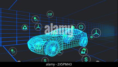 Immagine di più icone digitali che fluttuano sul modello di auto 3d in movimento in un tunnel senza interruzioni Foto Stock