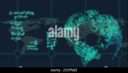 Immagine di equazioni matematiche e globo rotante sulla mappa di sfondo Foto Stock
