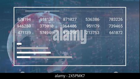 Immagine di numeri, grafici, barra di caricamento sulle barre e globo rotante Foto Stock