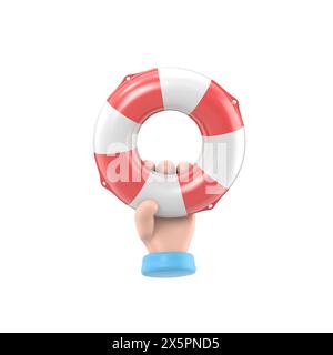 Concetto di aiuto. Lifebuoy tenuta in mano.illustrazione 3d design piatto. Supporto di beneficenza. Simbolo della speranza. Uomo d'affari con un salvagente in acqua. Date aiuto Foto Stock