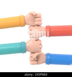 Icona movimento cartoni animati Mockup. Tre umani uniscono le loro mani, collaborando con il concetto di lavoro di squadra aziendale ed educativo.rendering 3D su sfondo bianco Foto Stock