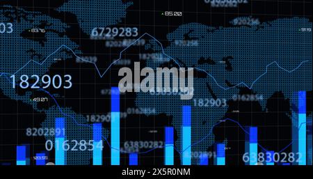 Immagine della modifica di numeri, grafici, mappa su griglia su sfondo nero Foto Stock