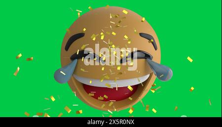 Immagine di coriandoli che cadono sopra l'icona emoticon sorridente sullo schermo verde Foto Stock