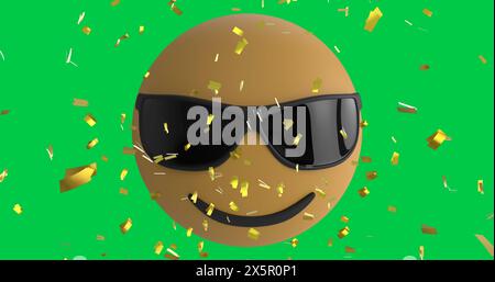 Immagine di coriandoli che cadono sopra occhiali da sole sorridenti icona emoticon emoji sullo schermo verde Foto Stock