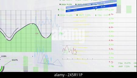 Immagine di più grafici con numeri variabili e trading board su sfondo bianco Foto Stock