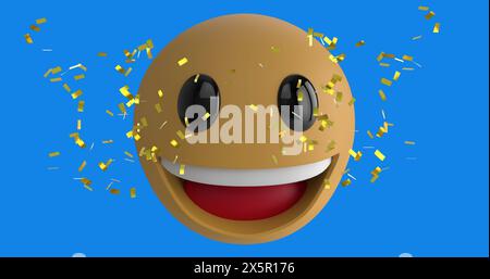Immagine digitale di coriandoli dorati che cadono su un'emoji sorridente sul viso su sfondo blu Foto Stock