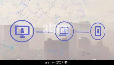 Immagine delle icone digitali del computer nel diagramma di flusso e dei punti collegati a linee contro gli edifici Foto Stock