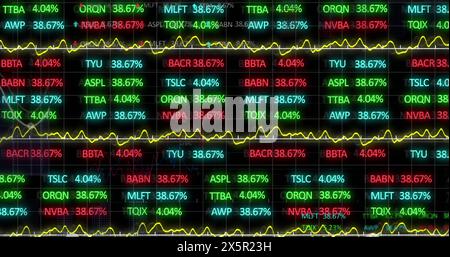 L'immagine mostra una visualizzazione del mercato azionario con i ticker rosso, blu e verde del mercato azionario e grafici del Foto Stock