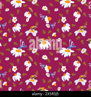 Libellula a margherita motivo senza cuciture sfondo Borgogna cartoline poster striscioni tessuto primavera estate carta da parati carta da rivestimento adatta modello tessile Vector Illustrazione Vettoriale