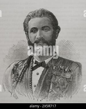 Nicholas i Mirkov Petrovic-Njegos (1841-1921). Principe del Montenegro (1860-1910) e re (1910-1918). Ritratto come principe. Incisione. "La Guerra de Oriente" (la guerra russo-turca). Volume I. 1877. Foto Stock