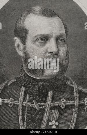 Alessandro II di Russia (1818-1881). Zar dell'Impero russo (1855-1881). Verticale. Incisione. "La Guerra de Oriente" (la guerra russo-turca). Volume I. 1877. Foto Stock