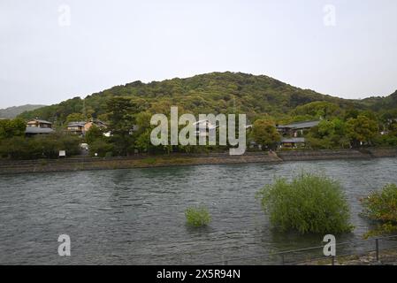 villaggio e montagna sul bordo del fiume in giorno nuvoloso Foto Stock