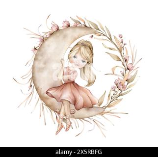 Ballerina bionda acquerello con un abito rosa e stivaletti si siede sulla luna. Piante e fiori boho elegante corona. Illustrazione disegnata a mano Foto Stock