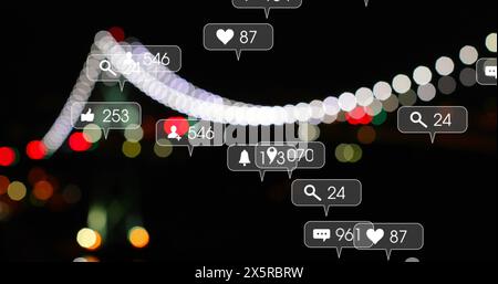 Immagine del filamento di dna che gira su sangue rosso e cellule covid che fluttuano Foto Stock