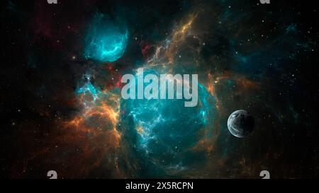 Sfondo spazio. Pianeta in colorata nebulosa frattale con starfield. Elementi forniti dalla NASA. Rendering 3D. Foto Stock