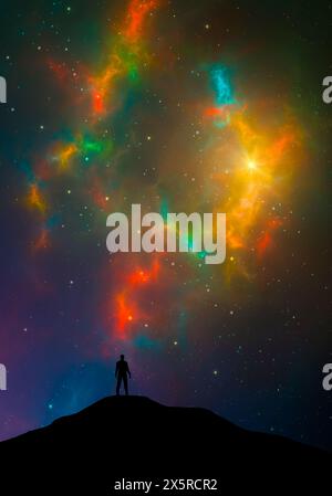 Sfondo spazio. Profilo uomo e collina con nebulosa colorata e starfield. Pittura digitale Foto Stock
