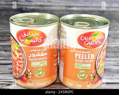 Cairo, Egitto, aprile 27 2024: Medammi di fave pelate premium in scatola del California Garden, fibre ad alto contenuto proteico, fave che è il piatto principale e sa Foto Stock