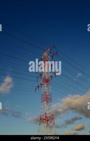 Un solo polo elettrico si erge contro una vasta distesa di cielo blu e nuvole, che incarna l'armonia tra le infrastrutture moderne e la bellezza naturale. Foto Stock