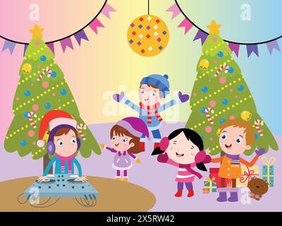 I bambini si divertono con la musica la festa di natale illustrazioni vettoriali dei cartoni animati Illustrazione Vettoriale