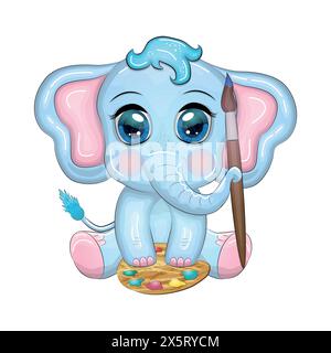 Carino elefante cartone animato, personaggio bambino con bellissimi occhi con pitture e pennello, artista. Illustrazione Vettoriale