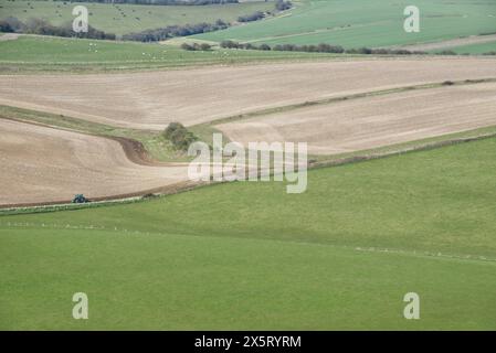 Campagna e campi sulle South Downs a Findon vicino a Worthing nel West Sussex, Inghilterra. Vista dal Cissbury Ring. Con trattore agricolo. Foto Stock