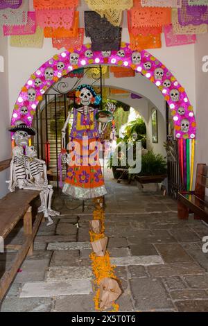 Oaxaca; Messico. Il giorno delle celebrazioni dei morti. Gli scheletri accolgono gli ospiti nell'ingresso al cortile del piccolo Boutique Hotel, la Casa de las Bugambillas. Foto Stock