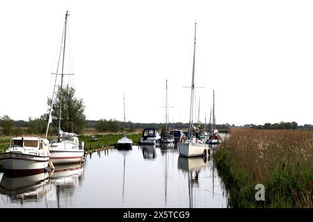 Barche ormeggiate, River Bure, Norfolk Broads, Upton, Norfolk, Inghilterra, Regno Unito Foto Stock