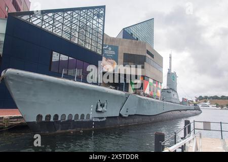 Baltimora, Maryland. 30 settembre 2019. La storica USS Torsk attraccò all'interno del porto interno situato a Baltimora, Maryland, in un giorno coperto. Foto Stock