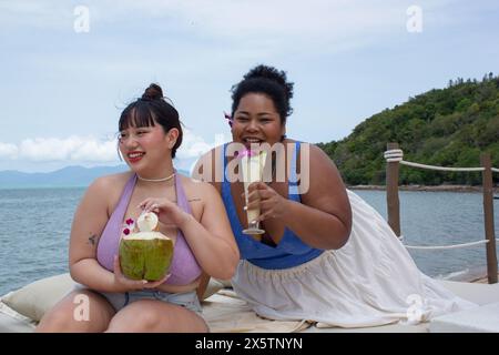 Donne allegre che bevono cocktail e si rilassano vicino alla baia Foto Stock