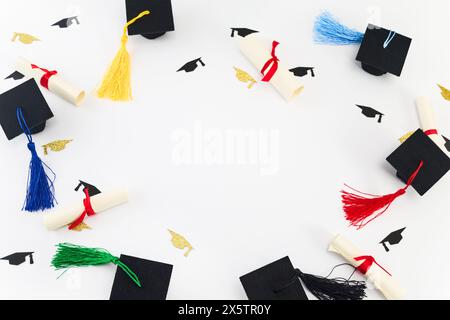 Tema per la cerimonia di laurea. Vista dall'alto dei berretti graduati in miniatura e dei diplomi con nappine colorate su bianco. Foto Stock