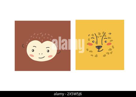 Gli animali africani affrontano insieme. Graziosi ritratti di animali con scarabocchi. Personaggi disegnati a mano. Teste di animali tropicali e della giungla Illustrazione Vettoriale