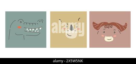 Gli animali africani affrontano insieme. Graziosi ritratti di animali con scarabocchi. Personaggi disegnati a mano. Teste di cartoni animati tropicali e della giungla di coccodrilli, bufali e rinoceronti. W Illustrazione Vettoriale