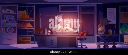 Laboratorio archeologico con cartoni animati vettoriali fossili di dinosauro. Laboratorio di scienziati con scrivania su ruote, osso dino, lampada e lente di ingrandimento per rimare Illustrazione Vettoriale