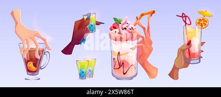 Mani femminili che tengono i bicchieri con cocktail alcolici - shot e long drink per feste e festeggiamenti. Serie di illustrazioni vettoriali cartoni animati di esseri umani Illustrazione Vettoriale