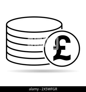 Moneta ombra pila di sterline, disegno a icona piatta, illustrazione vettoriale del segno di cassa . Illustrazione Vettoriale