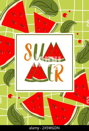 Ciao estate. Anguria succosa matura su una tovaglia a scacchi. Illustrazione in stile kawaii. Fantastico, vintage. Vecchio stile alla moda. Per schede, striscioni, Illustrazione Vettoriale