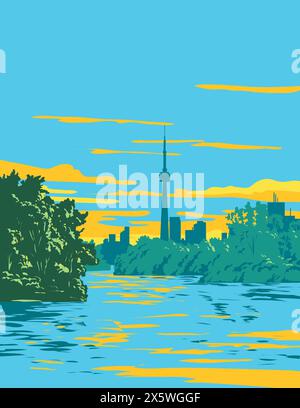 Poster art WPA del Toronto Island Park con lo skyline della città di Toronto sullo sfondo del lago Ontario, Canada, realizzato nell'amministrazione di progetti di opere o federali Illustrazione Vettoriale