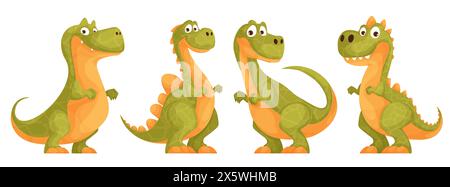 Set di simpatici dinosauri verdi. Un divertente e divertente dinosauro cartoni animati con un aspetto eccentrico e scale gialle. Animale preistorico e primitivo raffigurato Illustrazione Vettoriale