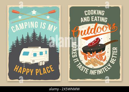 Serie di poster da campeggio. Illustrazione vettoriale. Concept per camicia o logo, stampa, timbro, patch o tee. Design tipografico vintage con camper rv Illustrazione Vettoriale