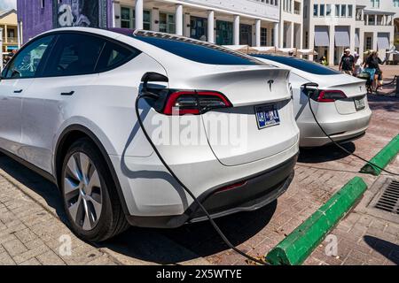 Tesla Model Y e Tesla Model 3 parcheggiate e caricate presso un'auto elettrica o una stazione di ricarica per auto elettriche in un parcheggio a Seaside Florida, Stati Uniti. Foto Stock