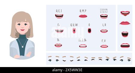 Creazione di avatar per donne d'ufficio adatte all'animazione. Generatore, costruttore di occhi diversi, labbra, espressioni emotive animazione della bocca e li Illustrazione Vettoriale